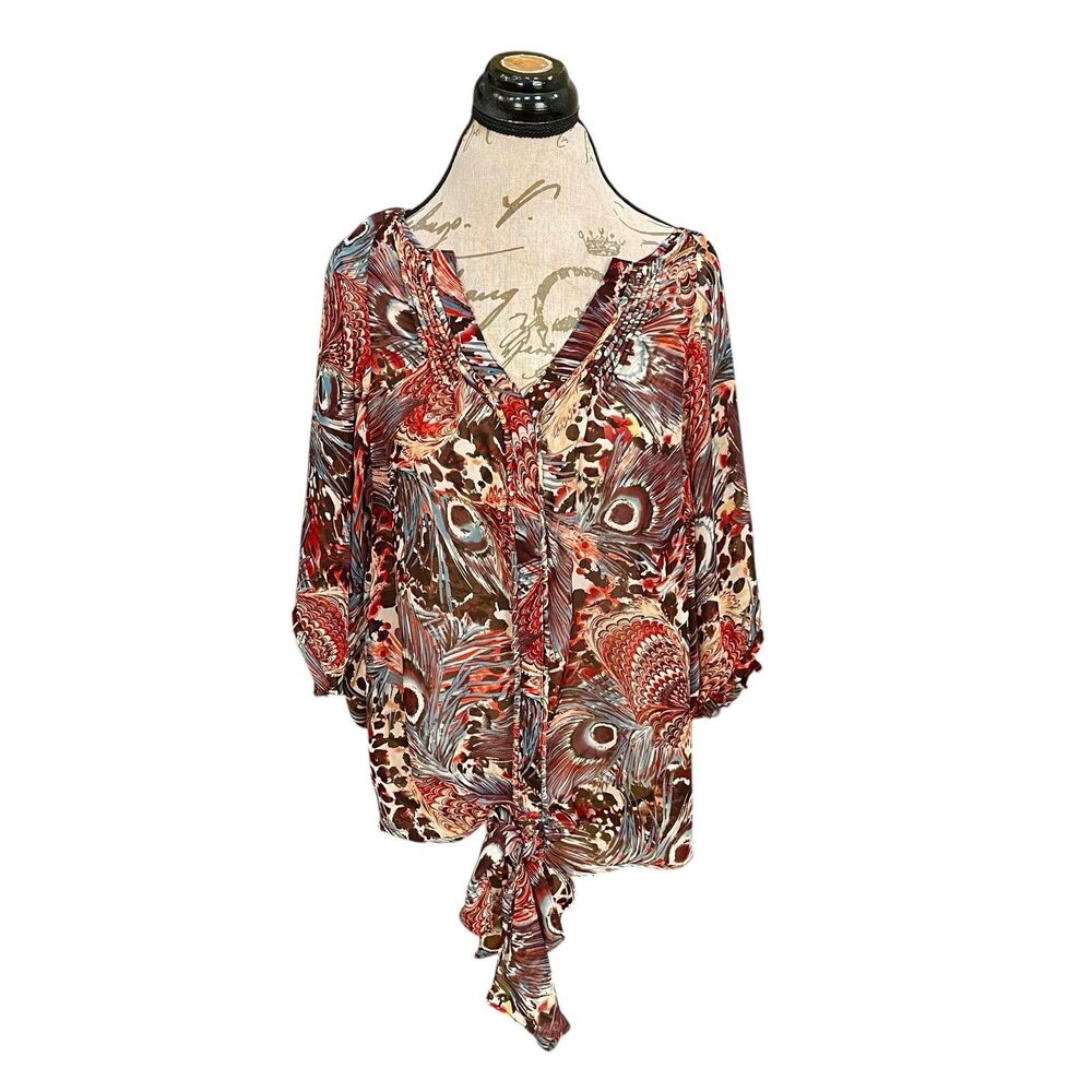 I Jeans By Buffalo Womens Blouse Sz Large Peacock Dolman Sleeve Sheer Travel